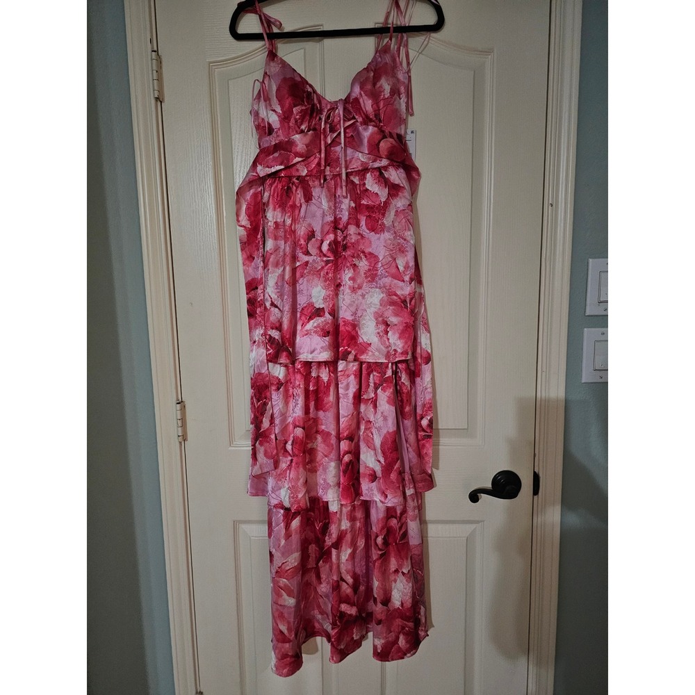 Midnight Doll Pink Floral Tiered High-Low Maxi Dress XS NWT Fuchsia Tie Back